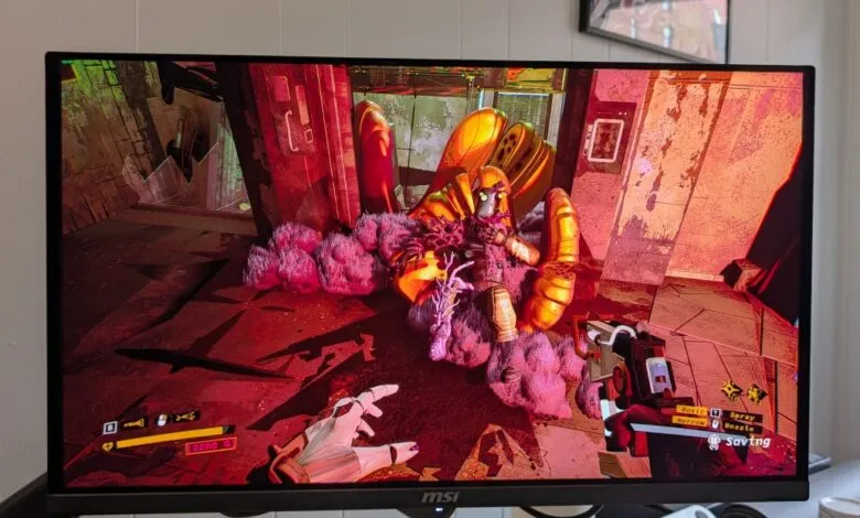First-person view of a video game character with a robotic arm, facing a surreal, alien creature.