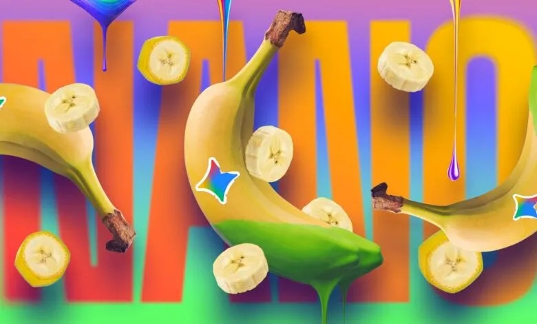 Bananas and slices float against a colorful background with paint drips.