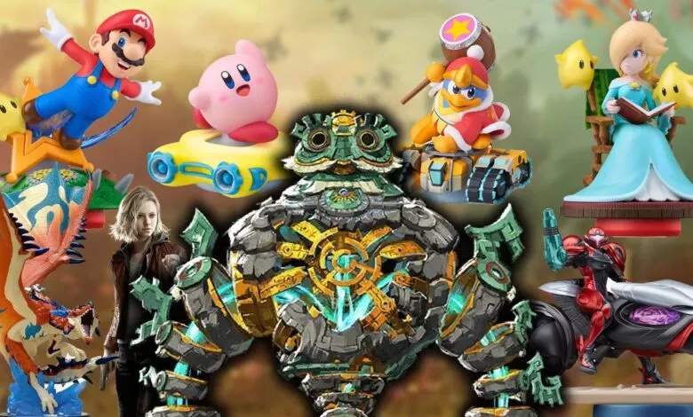 Collage of Nintendo amiibo figures including Mario, Kirby, Rosalina, and a Guardian.