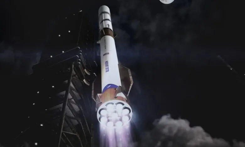 Blue Origin New Glenn rocket launching at night with bright engine exhaust.