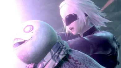 A white-haired android with a blindfold struggles with a large, pale creature.