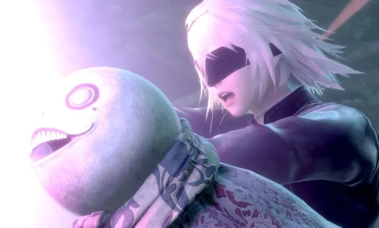 A white-haired android with a blindfold struggles with a large, pale creature.