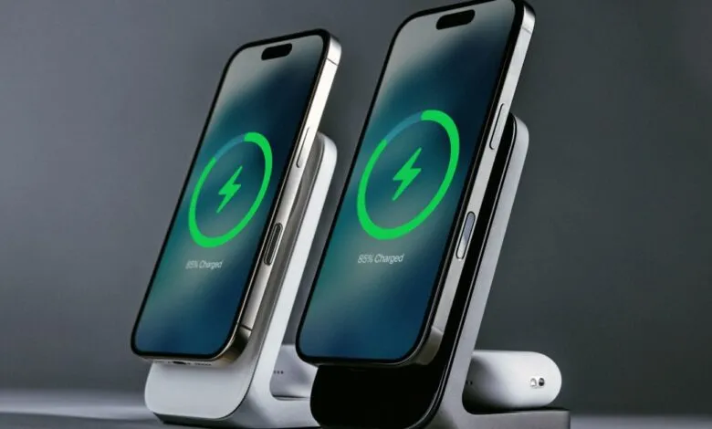 Two smartphones charging wirelessly on stands, displaying 85% battery.