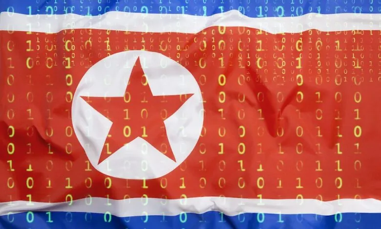 North Korean flag overlaid with binary code, symbolizing cyber threats.