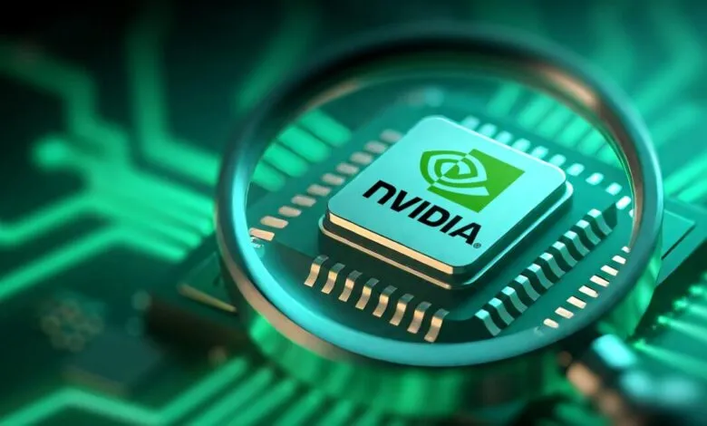 Close-up of an Nvidia GPU chip on a green circuit board, viewed through a magnifying glass.
