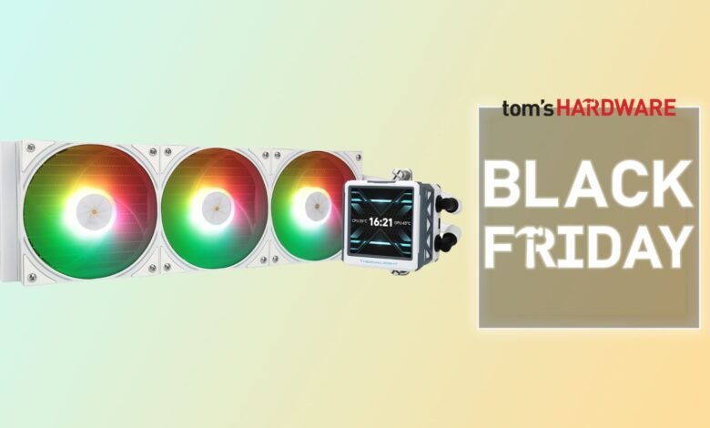 Thermalright CPU cooler with RGB fans and Black Friday ad.