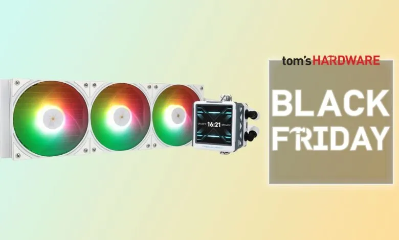 Thermalright CPU cooler with RGB fans and Black Friday ad.