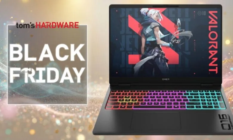 Black Omen gaming laptop with Valorant character on screen, Black Friday sale.