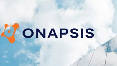 Onapsis logo and name against a cloudy sky and modern building reflection.