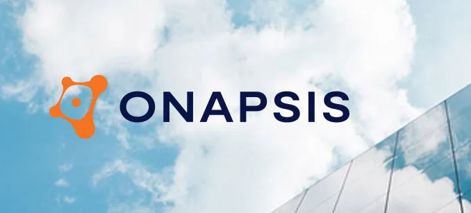 Onapsis logo and name against a cloudy sky and modern building reflection.