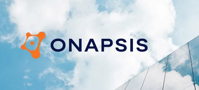 Onapsis logo and name against a cloudy sky and modern building reflection.