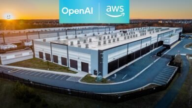 Aerial view of a large, modern data center building with OpenAI and AWS logos overlayed.