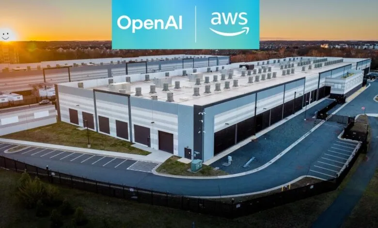Aerial view of a large, modern data center building with OpenAI and AWS logos overlayed.