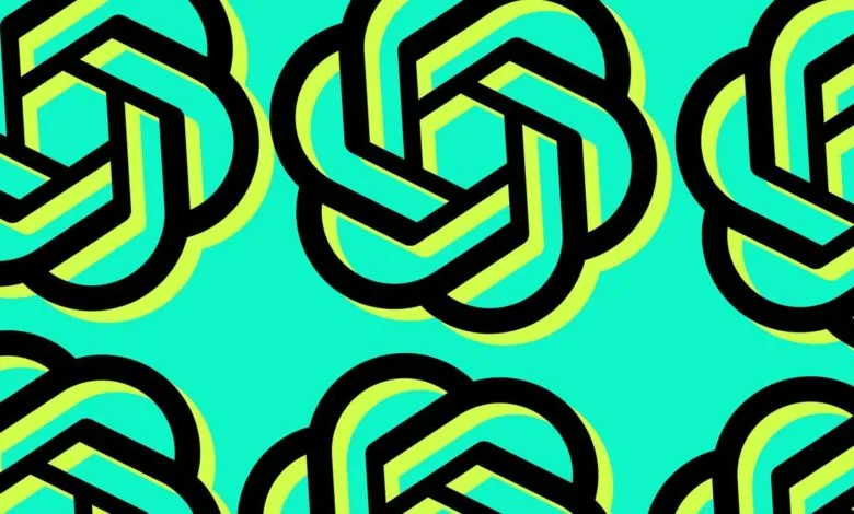 The OpenAI logo in black and lime green repeats across a teal background.