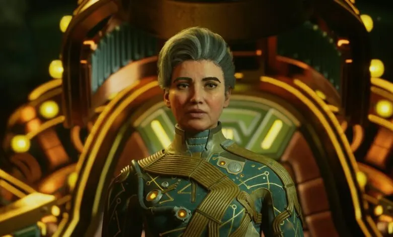 A woman with graying hair and a stern expression wears a futuristic uniform.