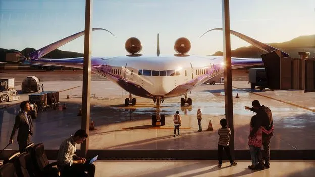 Futuristic aircraft with a unique wing design parked at an airport gate.