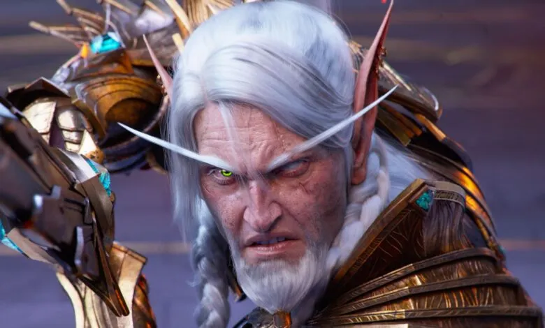 Close-up of an elderly elf warrior with white hair, braided beard, and glowing green eyes.