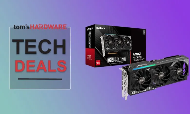 ASRock Radeon RX 9070 XT graphics card and its box on a purple background.