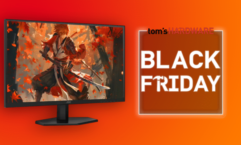 AOC monitor displays samurai art next to Tom's Hardware Black Friday promo.