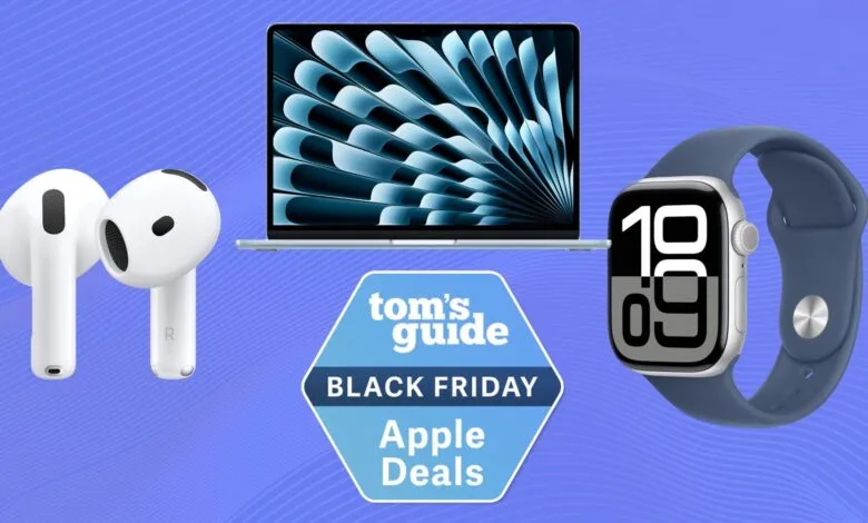 Apple MacBook, AirPods, and Apple Watch displayed with Black Friday deals.