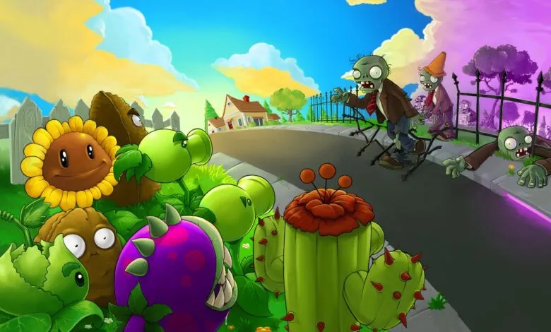Cartoon plants defend a suburban street from approaching zombies.