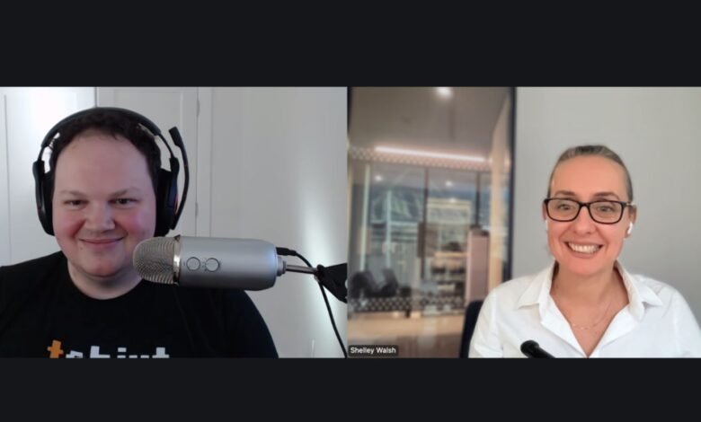 Split screen shows Patrick Stox and Shelley Walsh in a video call.