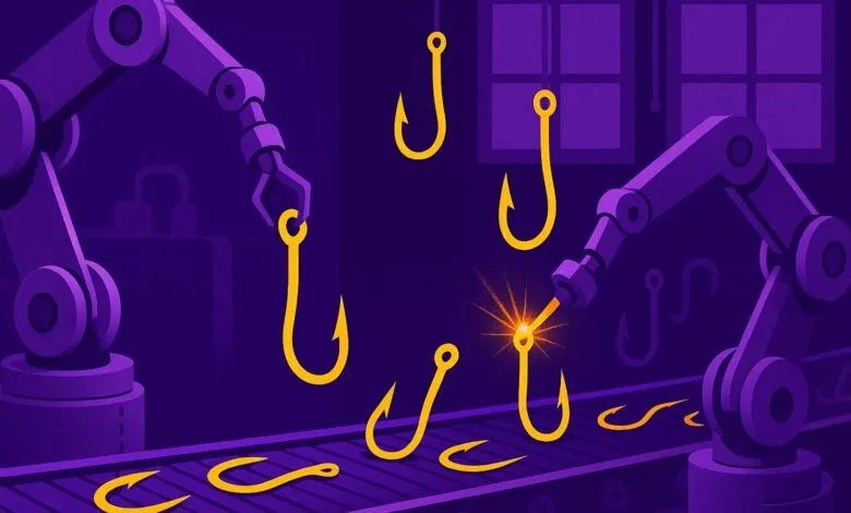 Robotic arms assembling fishing hooks on a conveyor belt in a purple factory setting.