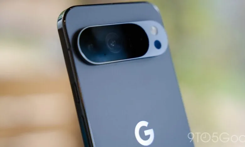 Close-up of the rear camera module and Google logo on a dark gray smartphone.