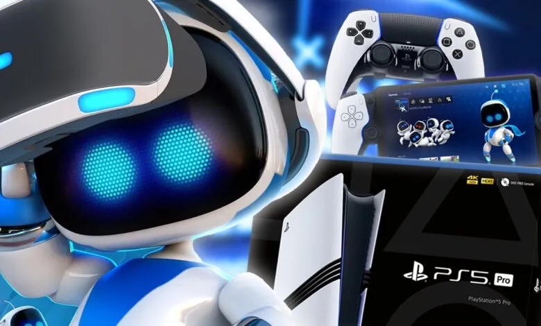 PlayStation 5 Pro with DualSense controller, VR headset, and Astro Bot character.