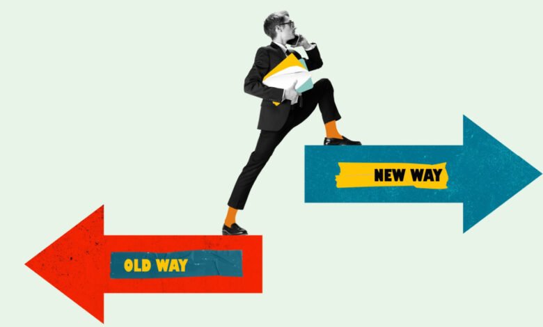 Man steps from 'Old Way' arrow to 'New Way' arrow while on phone.