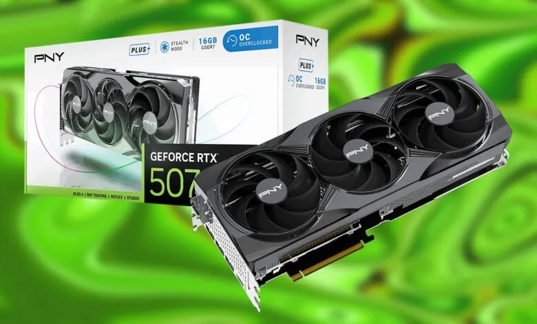 PNY GeForce RTX 507 graphics card with triple fans and box packaging