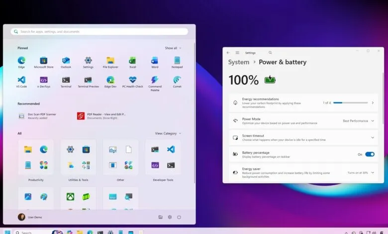 Windows 11 Start Menu and Power & Battery settings screen