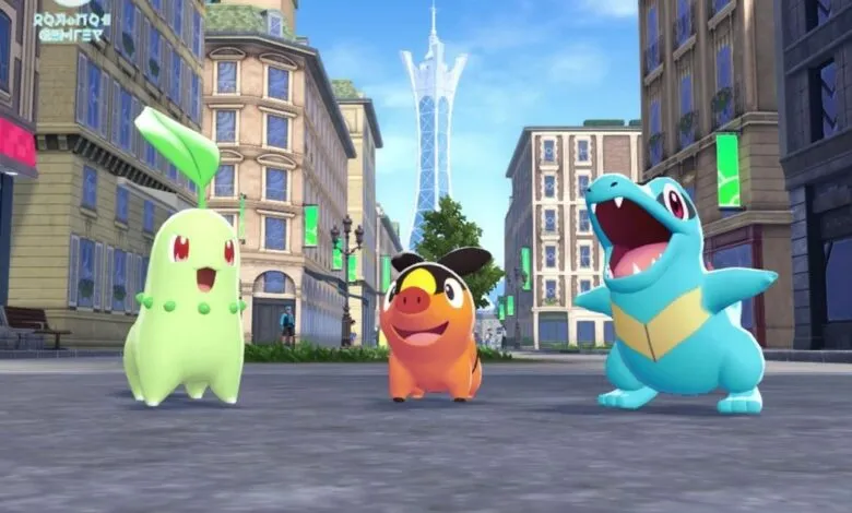 Three Pokémon characters, Sprigatito, Fuecoco, and Quaxly, stand on a city street.
