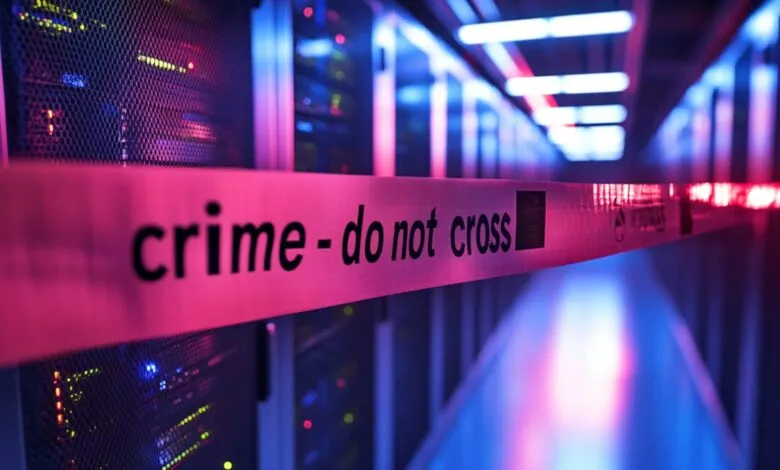 Crime scene tape reading 'crime - do not cross' in a server room with flashing red and blue lights.