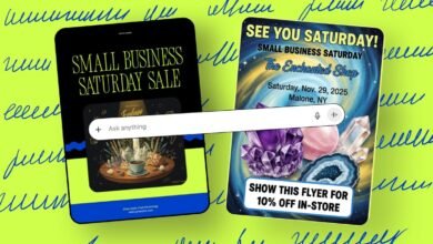 Two Small Business Saturday sale flyers with crystals and metaphysical themes.