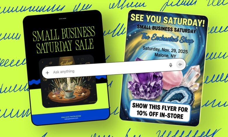 Two Small Business Saturday sale flyers with crystals and metaphysical themes.