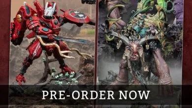 Diptych of two fantasy miniatures: a red mecha warrior and a large, horned creature.