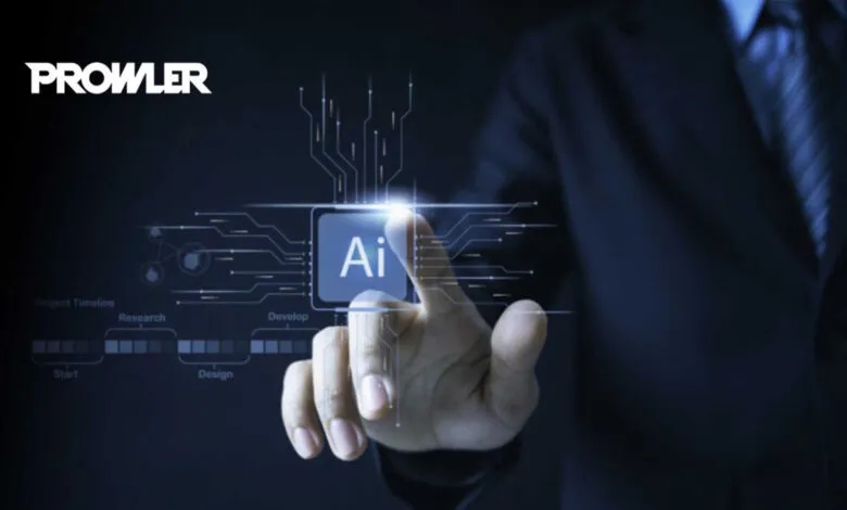 A person in a suit touches a digital interface displaying 'Ai' and a project timeline.