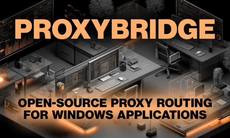Isometric view of a modern office setup with multiple computer screens displaying code and data.