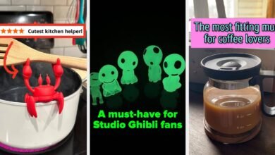 Collage of three items: a red crab spoon rest, glow-in-the-dark Studio Ghibli figures, and a glass coffee carafe.
