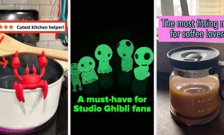 Collage of three items: a red crab spoon rest, glow-in-the-dark Studio Ghibli figures, and a glass coffee carafe.