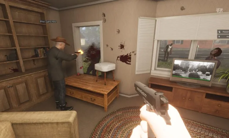 A man in a hat shoots a gun at a zombie through a doorway, while another zombie looks through a window.