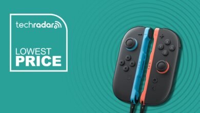 Nintendo Switch Joy-Con controllers in blue and orange with TechRadar lowest price graphic.
