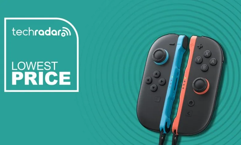 Nintendo Switch Joy-Con controllers in blue and orange with TechRadar lowest price graphic.