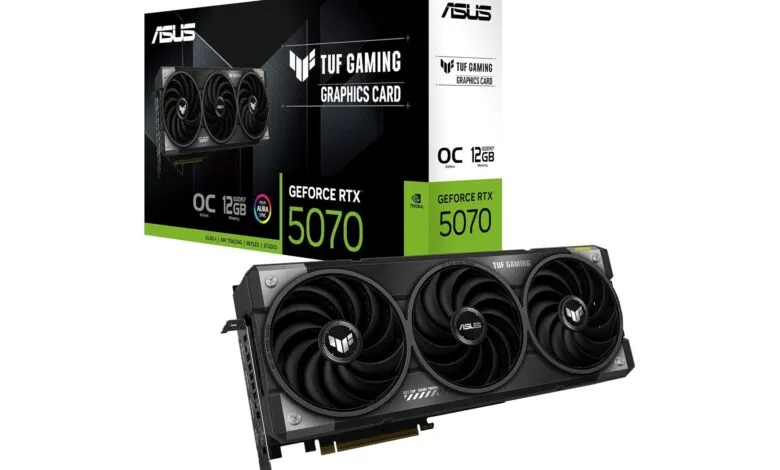 ASUS TUF Gaming GeForce RTX 5070 graphics card and its box packaging.