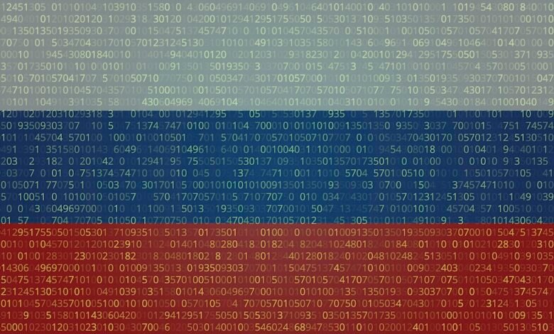 Abstract background of binary code forming the Russian flag colors.
