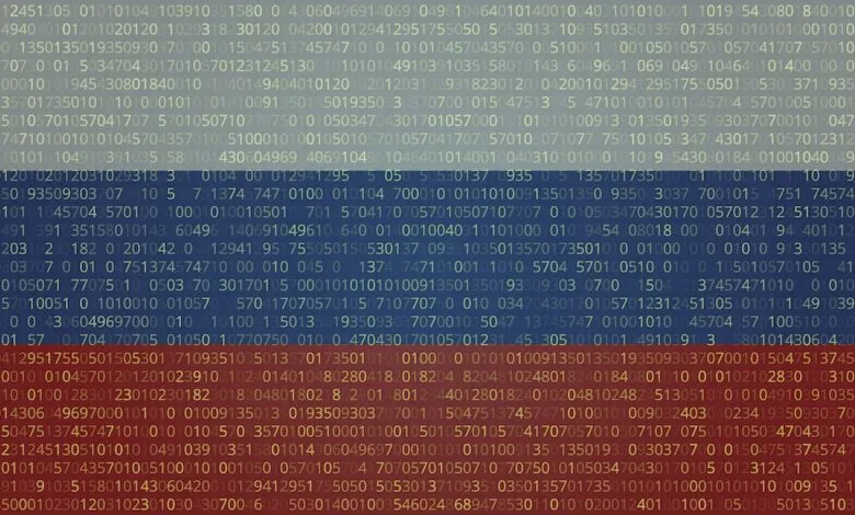 Abstract background of binary code forming the Russian flag colors.