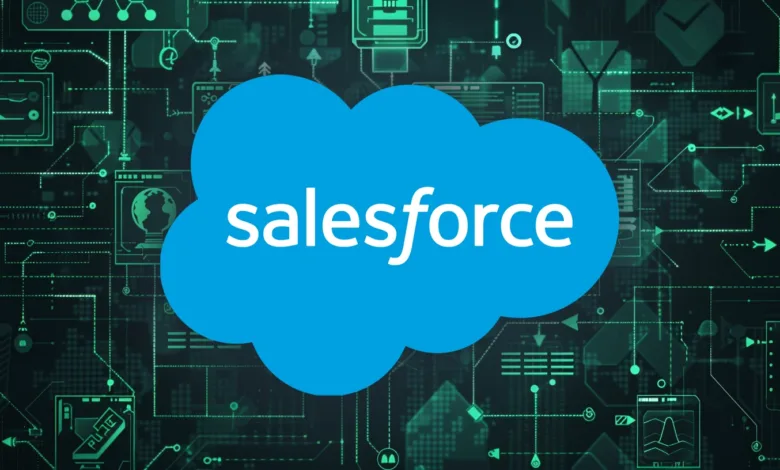 Salesforce logo on a tech-themed background with circuit board and data visualizations.