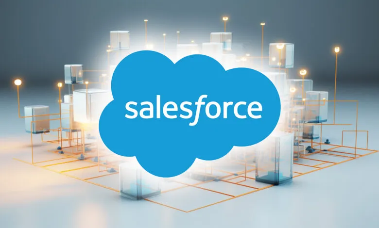Salesforce cloud logo over a network of interconnected glass cubes and glowing lights.
