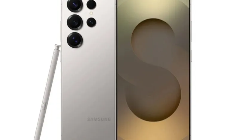 Samsung Galaxy S24 Ultra in titanium gray with S Pen, showcasing camera and screen.